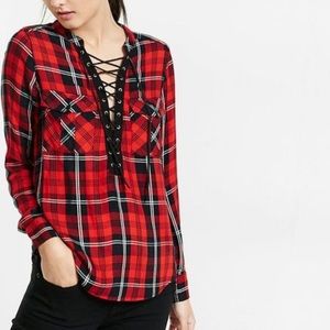 Express Red Plaid Tie up Shirt